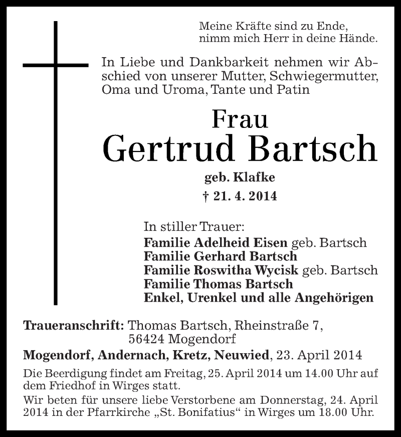  Traueranzeige für Gertrud Bartsch vom 24.04.2014 aus Rhein-Zeitung