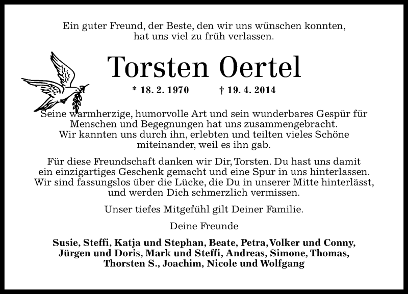  Traueranzeige für Torsten Oertel vom 26.04.2014 aus Westerwälder Zeitung