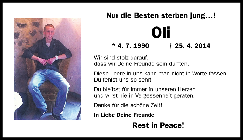  Traueranzeige für Oliver Tönges vom 29.04.2014 aus Rhein-Zeitung
