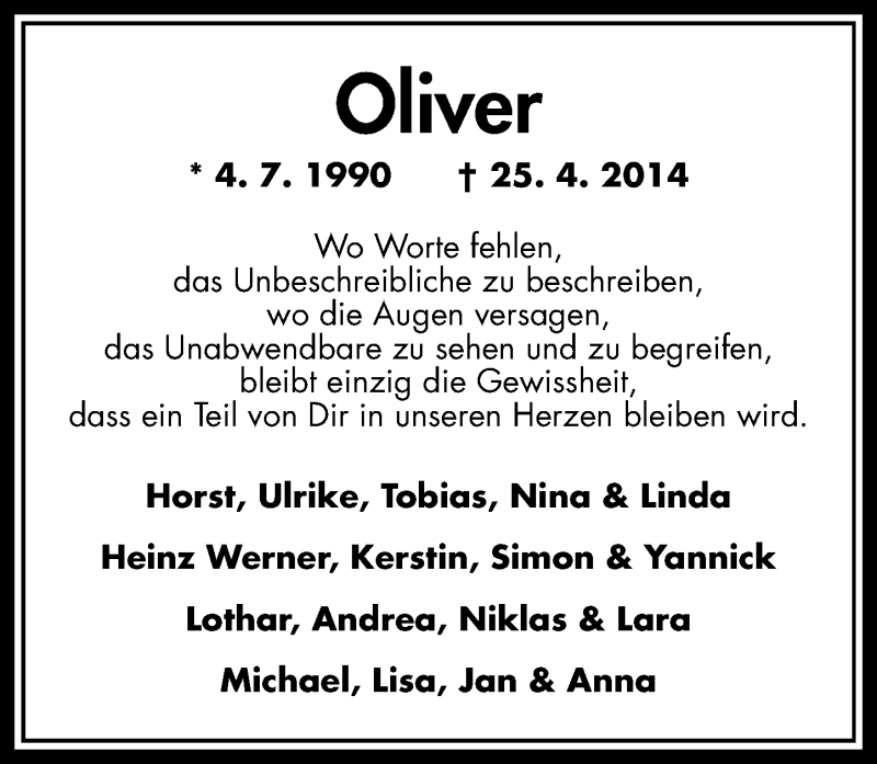  Traueranzeige für Oliver Tönges vom 29.04.2014 aus Rhein-Zeitung