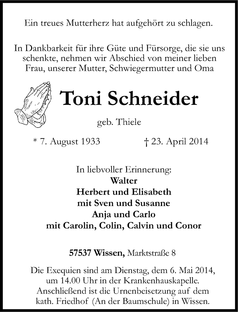  Traueranzeige für Toni Schneider vom 02.05.2014 aus Rhein-Zeitung