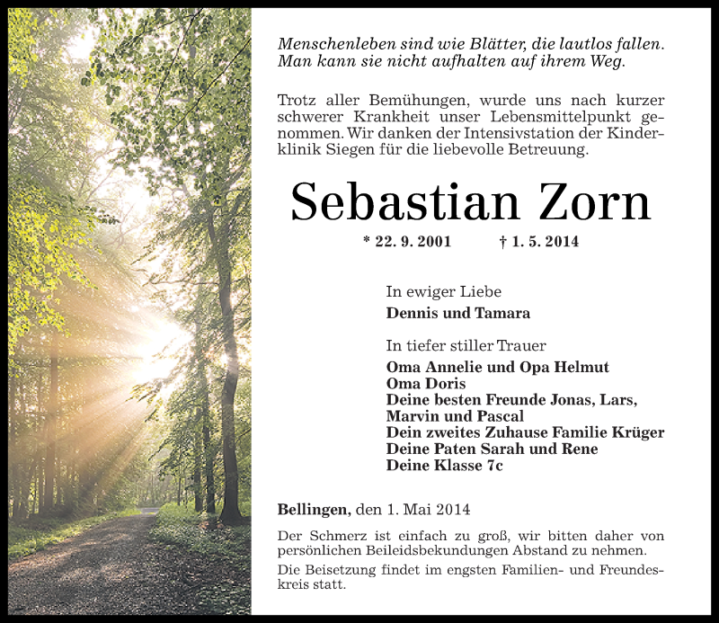  Traueranzeige für Sebastian Zorn vom 07.05.2014 aus Westerwälder Zeitung