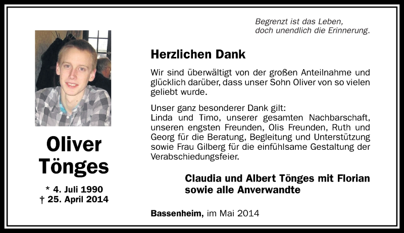  Traueranzeige für Oliver Tönges vom 17.05.2014 aus Rhein-Zeitung