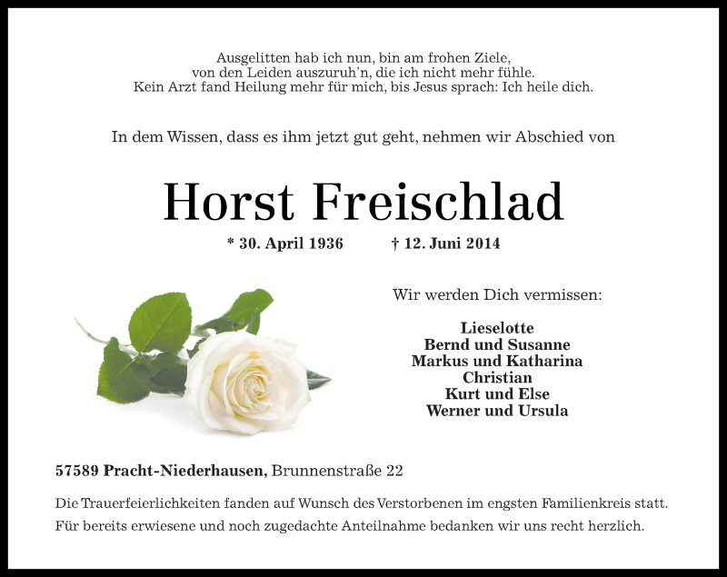  Traueranzeige für Horst Freischlad vom 18.06.2014 aus Rhein-Zeitung