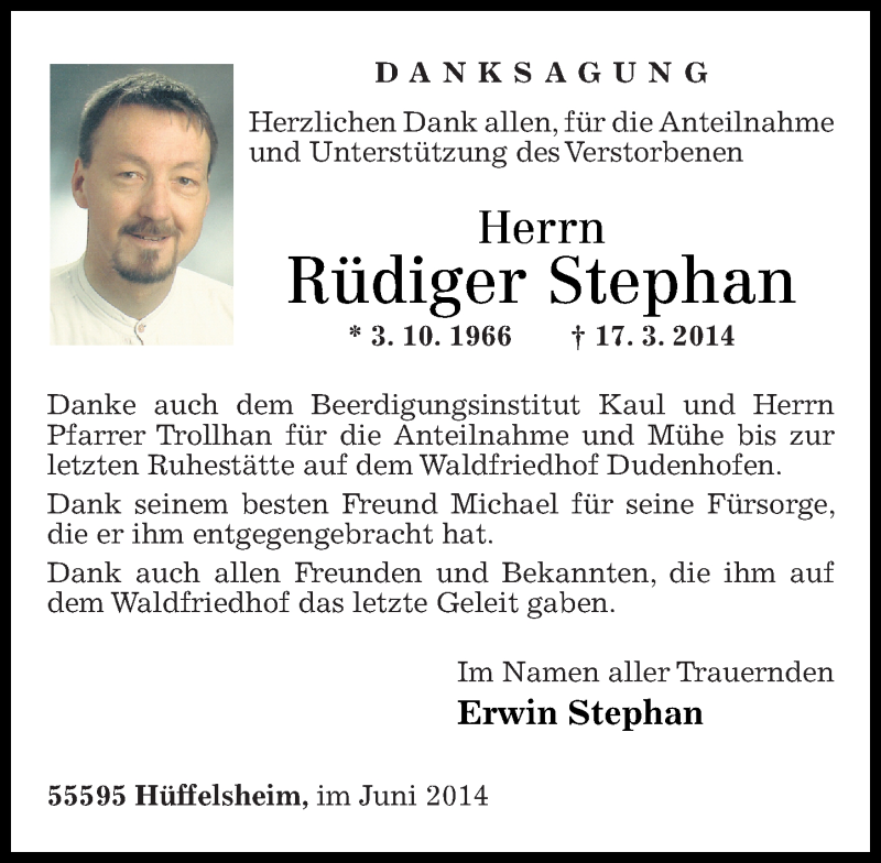  Traueranzeige für Rüdiger Stephan vom 28.06.2014 aus Oeffentlicher Anzeiger