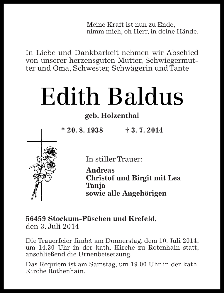  Traueranzeige für Edith Baldus vom 07.07.2014 aus Westerwälder Zeitung