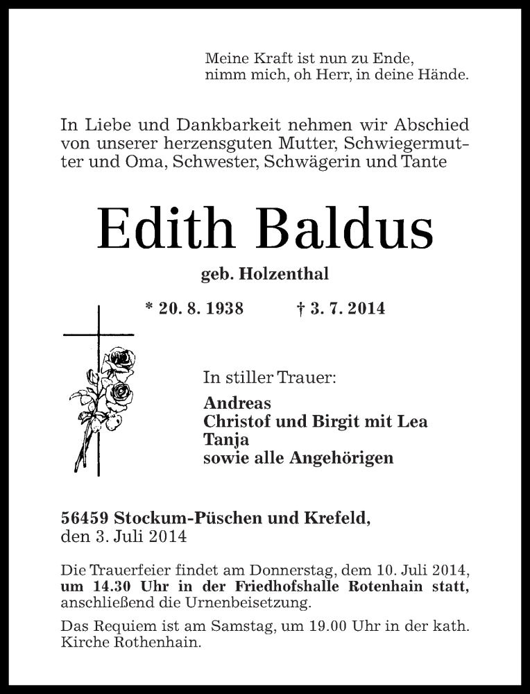  Traueranzeige für Edith Baldus vom 08.07.2014 aus Westerwälder Zeitung