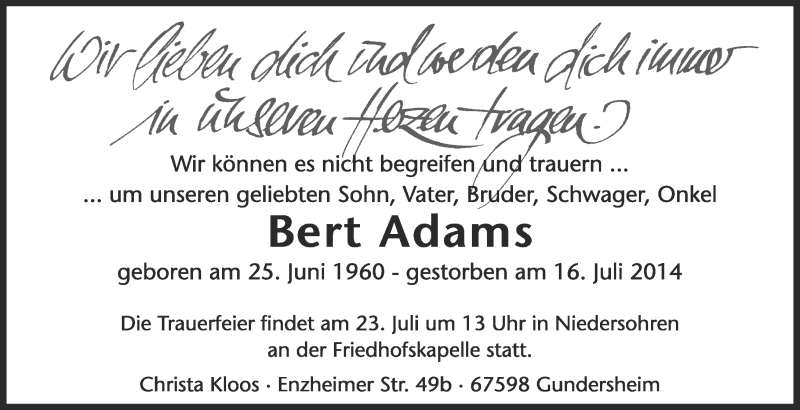  Traueranzeige für Bert Adams vom 19.07.2014 aus Rhein-Zeitung