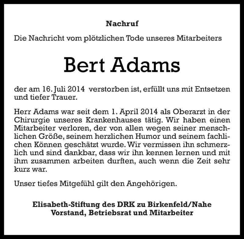  Traueranzeige für Bert Adams vom 26.07.2014 aus Rhein-Zeitung