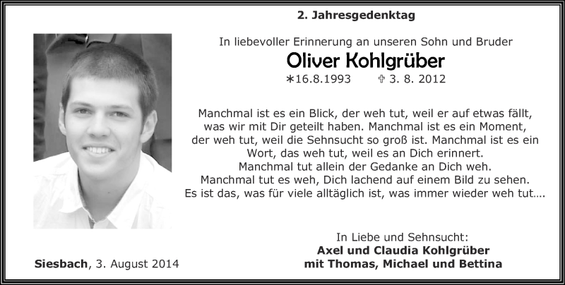  Traueranzeige für Oliver Kohlgrüber vom 02.08.2014 aus Nahe-Zeitung