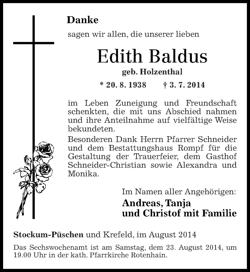  Traueranzeige für Edith Baldus vom 13.08.2014 aus Westerwälder Zeitung