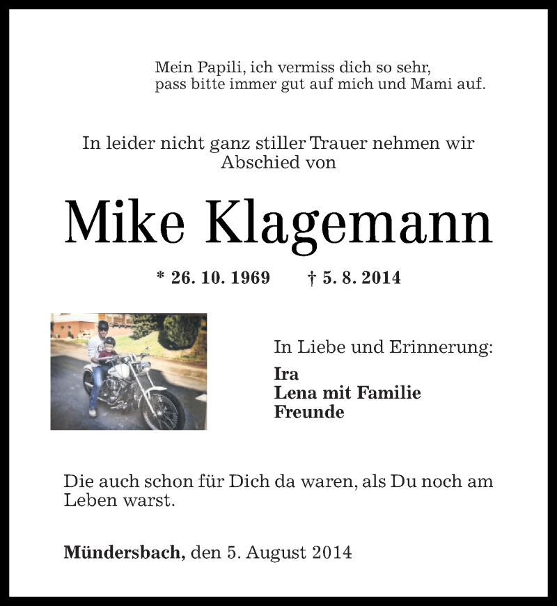  Traueranzeige für Mike Klagemann vom 15.08.2014 aus Westerwälder Zeitung