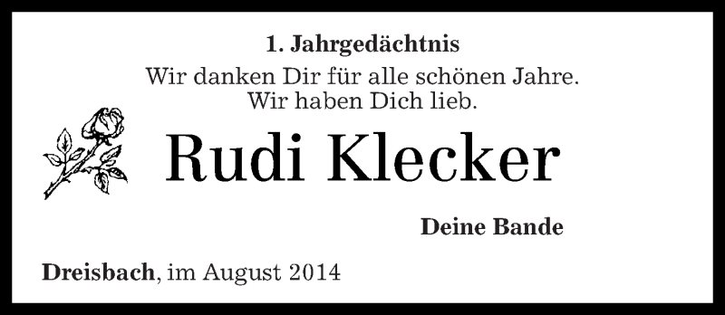  Traueranzeige für Rudi Klecker vom 23.08.2014 aus Westerwälder Zeitung