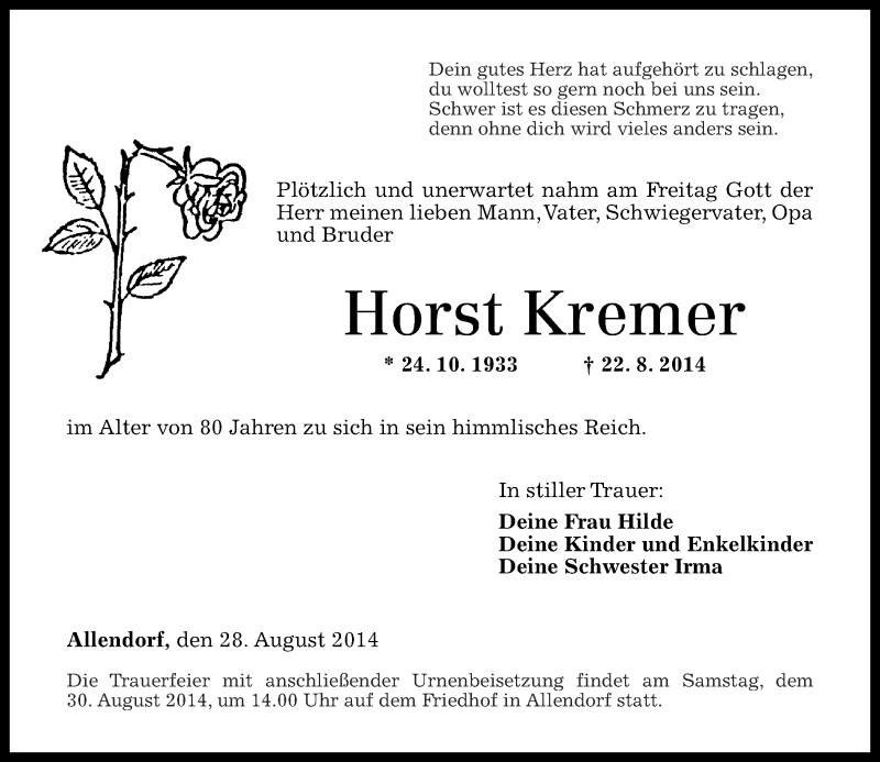  Traueranzeige für Horst Kremer vom 28.08.2014 aus Rhein-Lahn-Zeitung