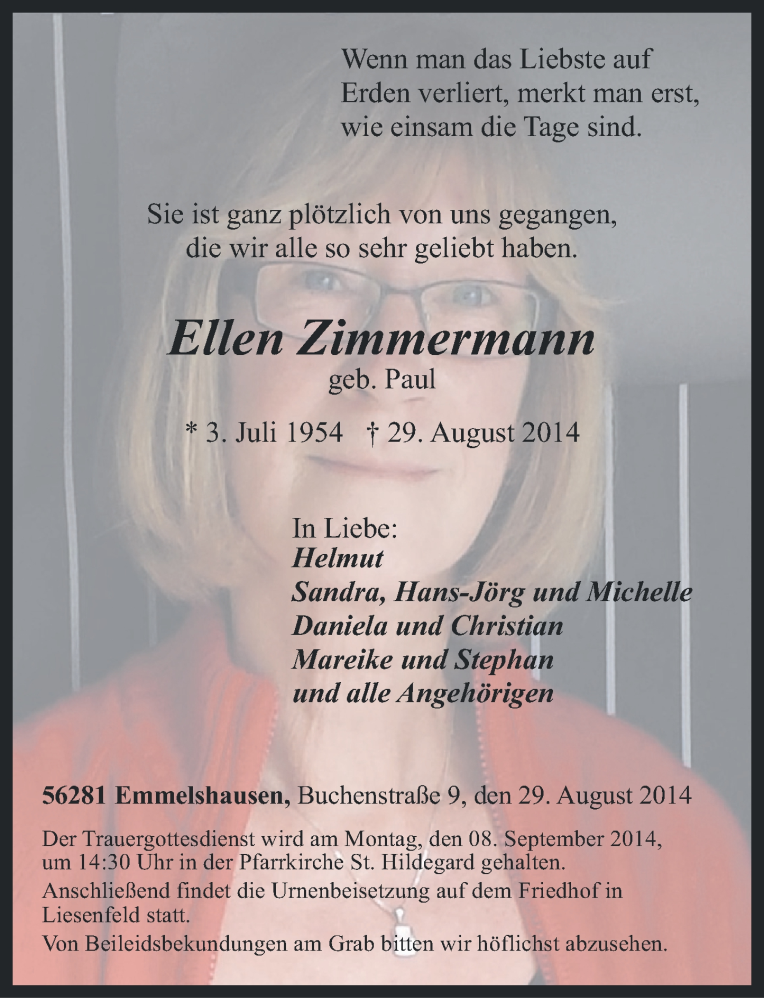 Traueranzeige für Ellen Zimmermann vom 06.09.2014 aus Rhein-Hunsrück-Zeitung