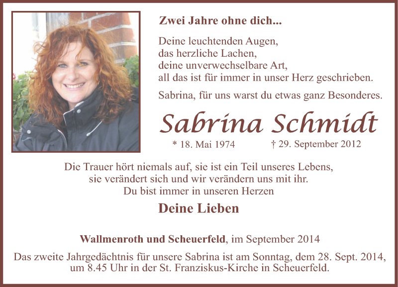  Traueranzeige für Sabrina Schmidt vom 20.09.2014 aus Rhein-Zeitung