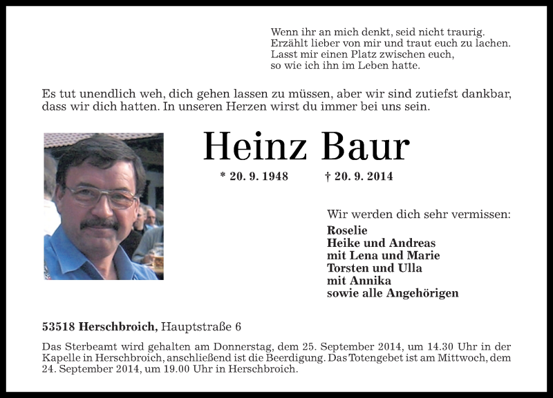  Traueranzeige für Heinz Baur vom 22.09.2014 aus Rhein-Zeitung