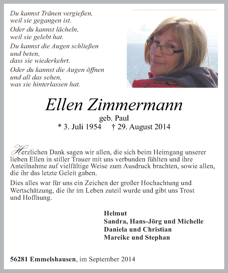  Traueranzeige für Ellen Zimmermann vom 27.09.2014 aus Rhein-Hunsrück-Zeitung