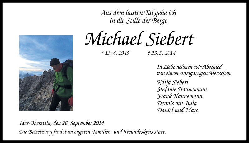  Traueranzeige für Michael Siebert vom 26.09.2014 aus Nahe-Zeitung