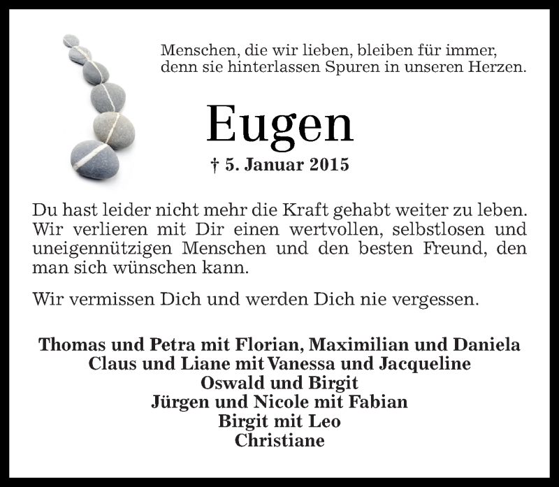  Traueranzeige für Eugen Schenkelberg vom 10.01.2015 aus Westerwälder Zeitung