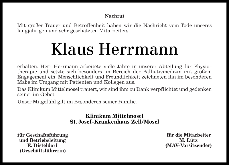  Traueranzeige für Klaus Herrmann vom 10.01.2015 aus Rhein-Hunsrück-Zeitung