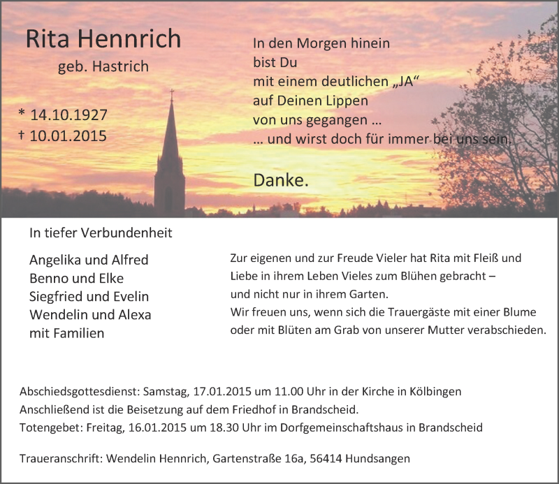  Traueranzeige für Rita Hennrich vom 14.01.2015 aus Westerwälder Zeitung