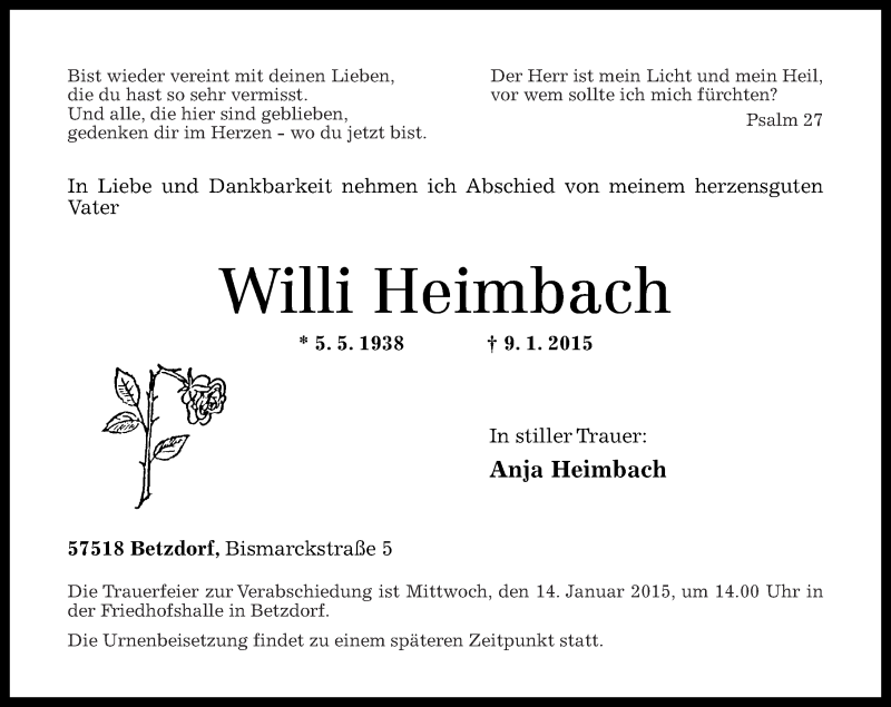  Traueranzeige für Willi Heimbach vom 13.01.2015 aus Rhein-Zeitung