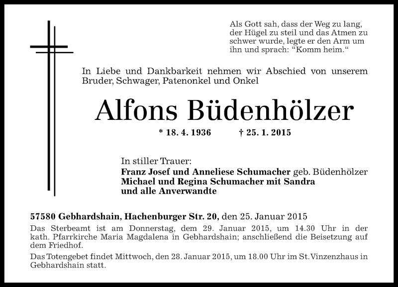  Traueranzeige für Alfons Büdenhölzer vom 27.01.2015 aus Rhein-Zeitung