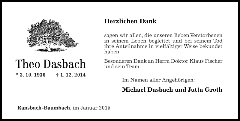  Traueranzeige für Theo Dasbach vom 17.01.2015 aus Westerwälder Zeitung