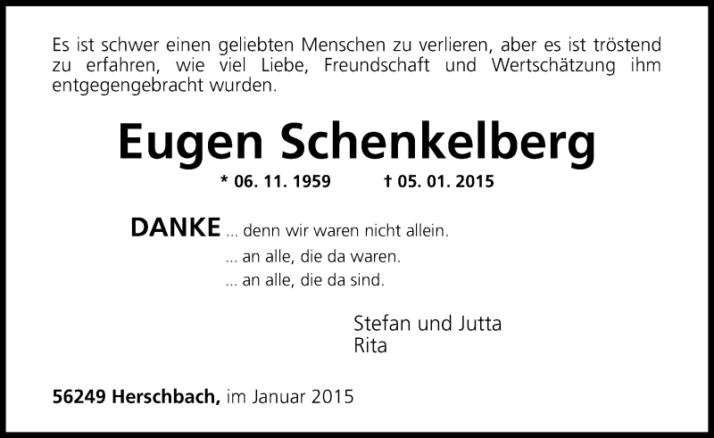  Traueranzeige für Eugen Schenkelberg vom 31.01.2015 aus Westerwälder Zeitung