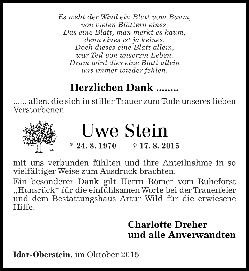  Traueranzeige für Uwe Stein vom 24.10.2015 aus Nahe-Zeitung
