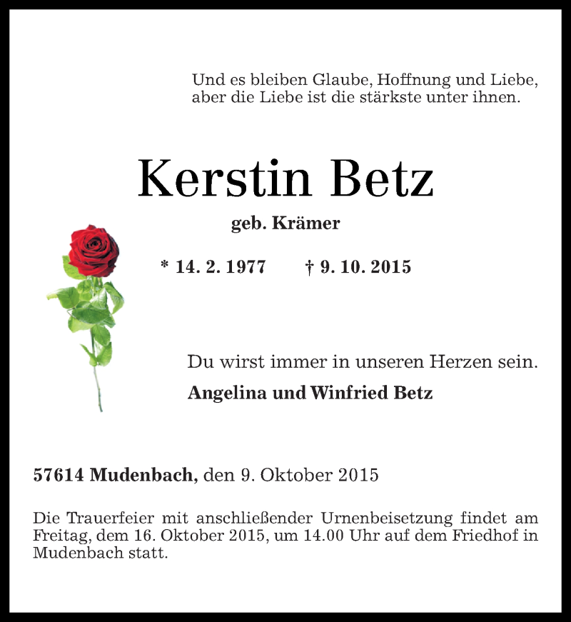  Traueranzeige für Kerstin Betz vom 13.10.2015 aus Westerwälder Zeitung