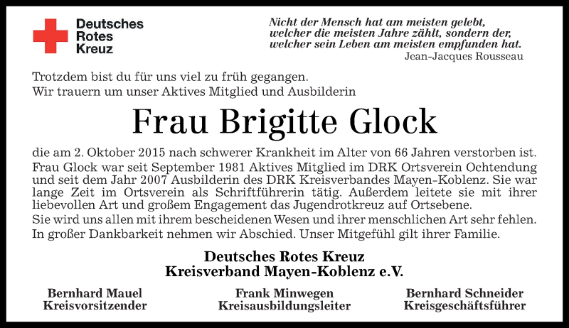  Traueranzeige für Brigitte Glock vom 06.10.2015 aus Rhein-Zeitung