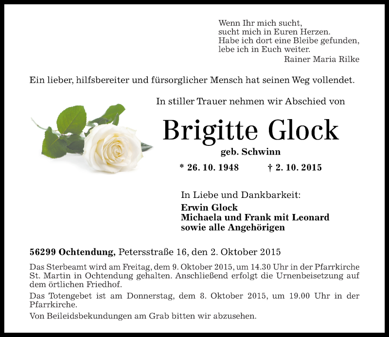  Traueranzeige für Brigitte Glock vom 06.10.2015 aus Rhein-Zeitung