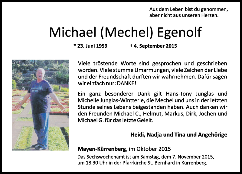  Traueranzeige für Michael  Egenolf vom 31.10.2015 aus Rhein-Zeitung