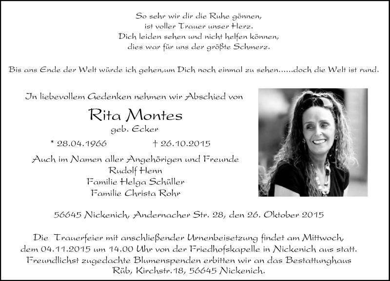  Traueranzeige für Rita Montes vom 31.10.2015 aus Rhein-Zeitung