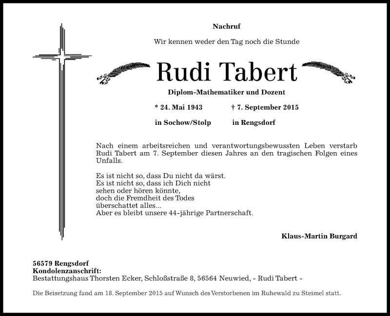  Traueranzeige für Rudi Tabert vom 28.11.2015 aus Rhein-Zeitung