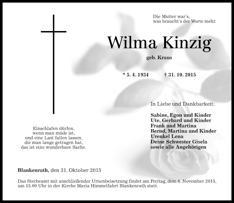  Traueranzeige für Wilma Kinzig vom 04.11.2015 aus Rhein-Zeitung