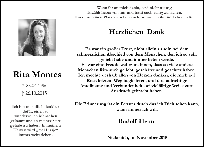  Traueranzeige für Rita Montes vom 21.11.2015 aus Rhein-Zeitung