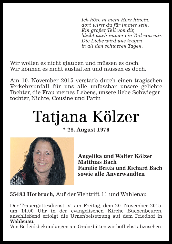  Traueranzeige für Tatjana Kölzer vom 19.11.2015 aus Rhein-Hunsrück-Zeitung