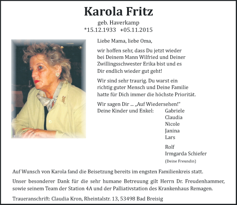  Traueranzeige für Karola Fritz vom 14.11.2015 aus Rhein-Zeitung