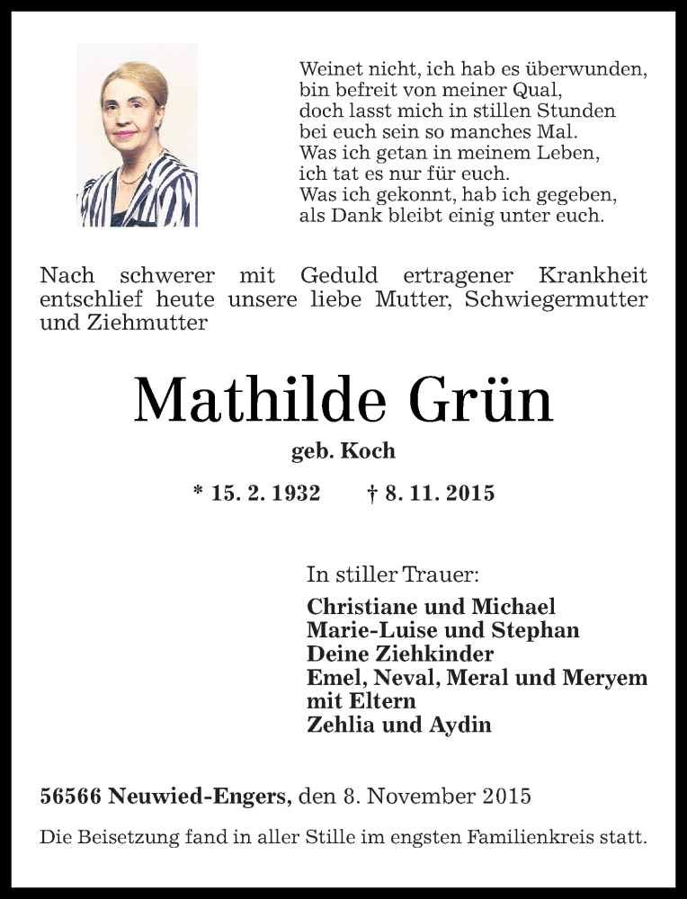  Traueranzeige für Mathilde Grün vom 14.11.2015 aus Rhein-Zeitung
