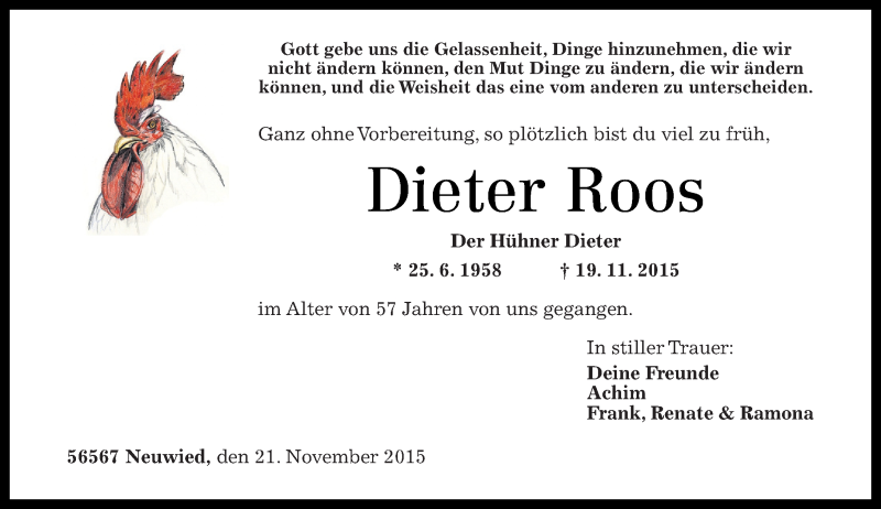  Traueranzeige für Dieter Roos vom 24.11.2015 aus Rhein-Zeitung