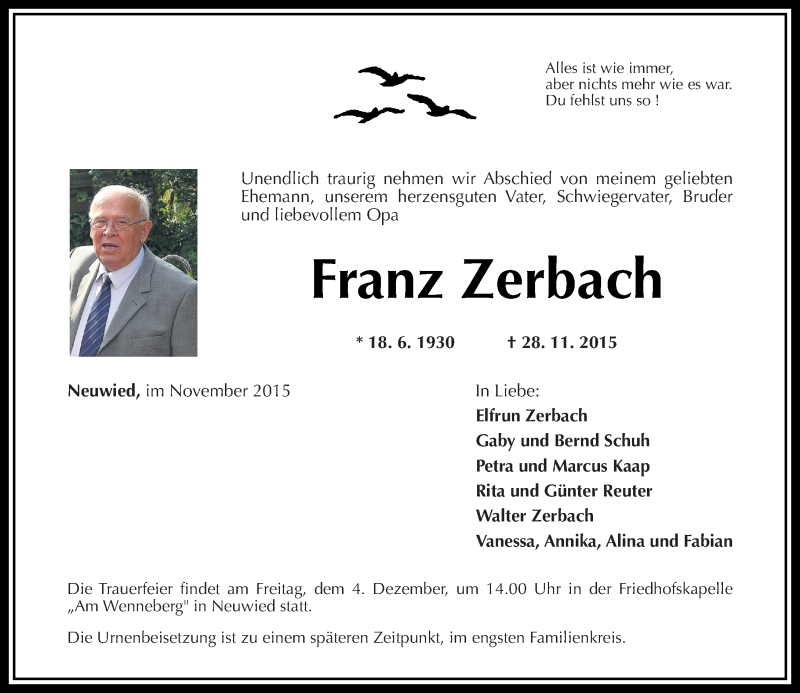  Traueranzeige für Franz Zerbach vom 02.12.2015 aus Rhein-Zeitung