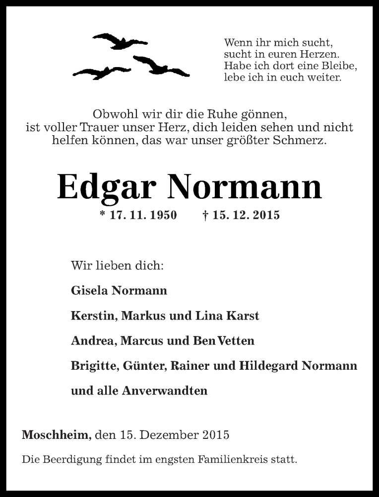  Traueranzeige für Edgar Normann vom 19.12.2015 aus Westerwälder Zeitung