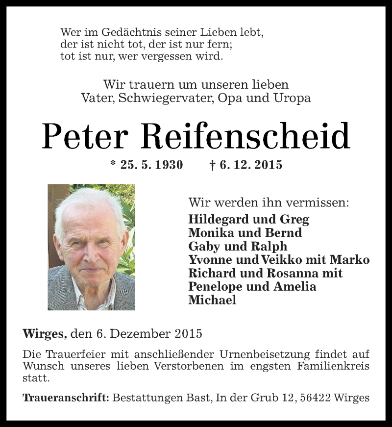  Traueranzeige für Peter Reifenscheid vom 10.12.2015 aus Westerwälder Zeitung