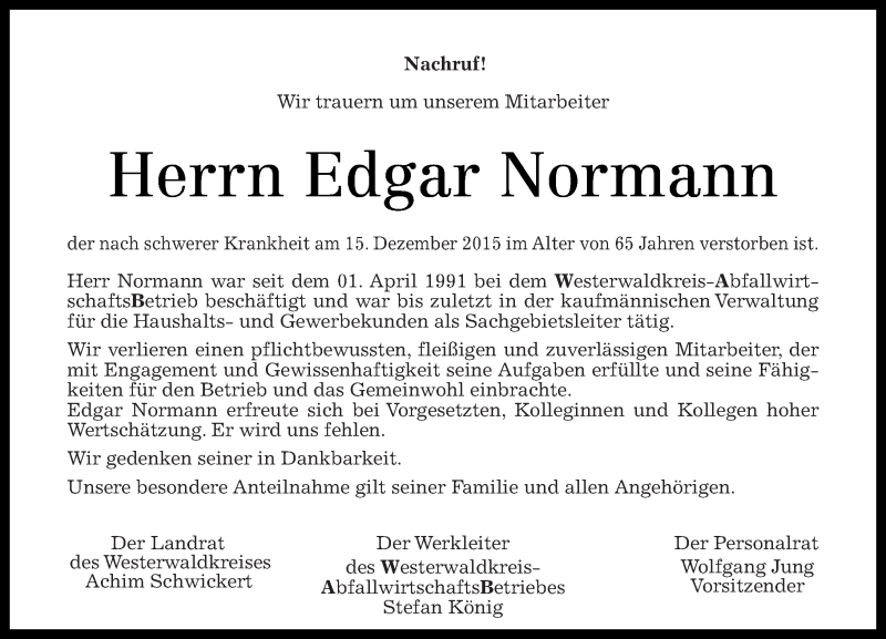  Traueranzeige für Edgar Normann vom 22.12.2015 aus Westerwälder Zeitung
