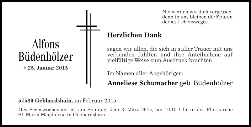  Traueranzeige für Alfons Büdenhölzer vom 28.02.2015 aus Rhein-Zeitung