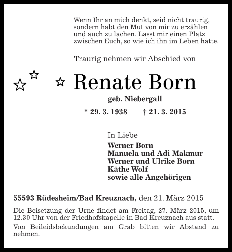  Traueranzeige für Renate Born vom 25.03.2015 aus Oeffentlicher Anzeiger