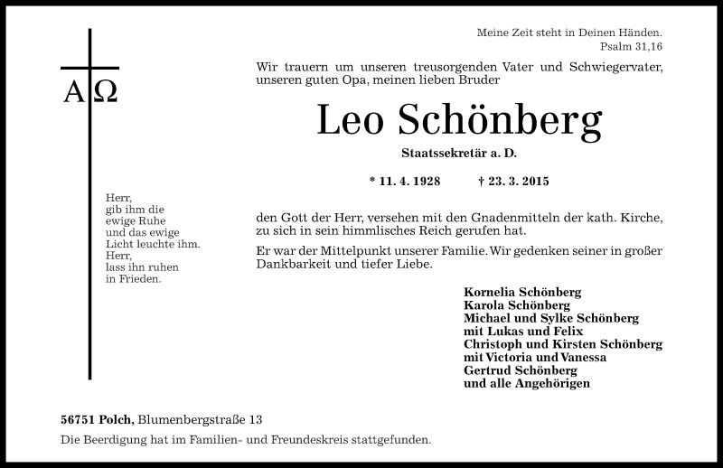  Traueranzeige für Leo Schönberg vom 28.03.2015 aus Rhein-Zeitung